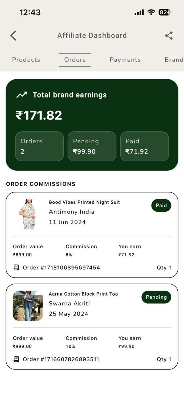 Shopdibz Creator Dashboard showing creator orders and commission earnings
