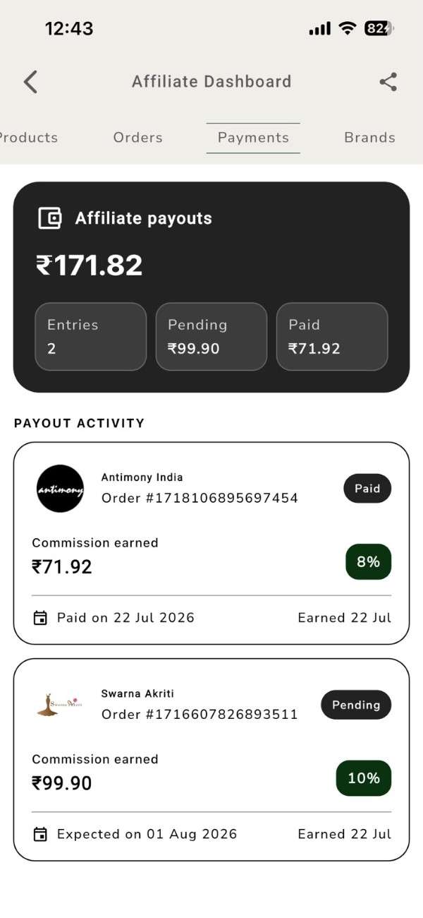 Shopdibz Creator Dashboard showing pending and completed commission payments